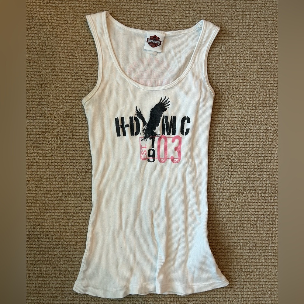 Harley-Davidson White Tank Top with Black and Pink Graphic